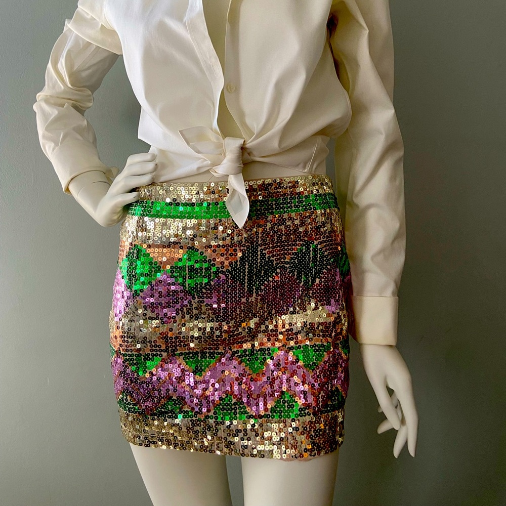 Sequin Micro Mini Skirt Green Gold Pink Size S Occasion Cocktail Beach Casual
